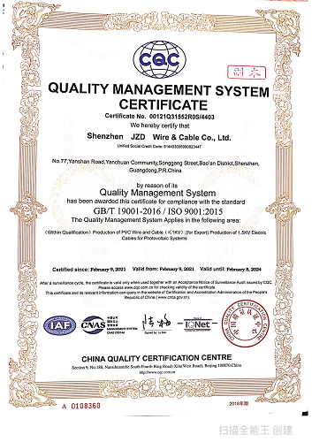 JZD Cable Manufacturer Passed The ISO9001