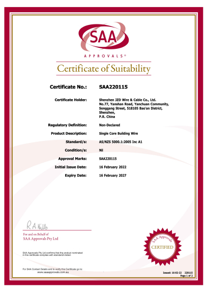 Single Core Building Wire Accord with AS/NZS 5000.1: 2005